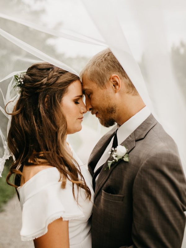 Wedding couple with foreheads together under veil